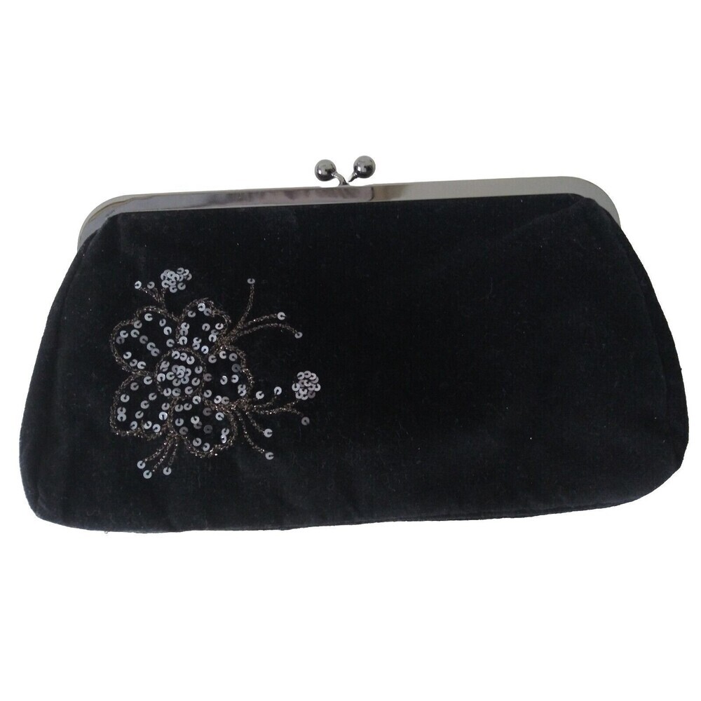 EXPRESS Black Velvet Sequin Applique Clutch Bag PM Purse Silver Frame Ki…